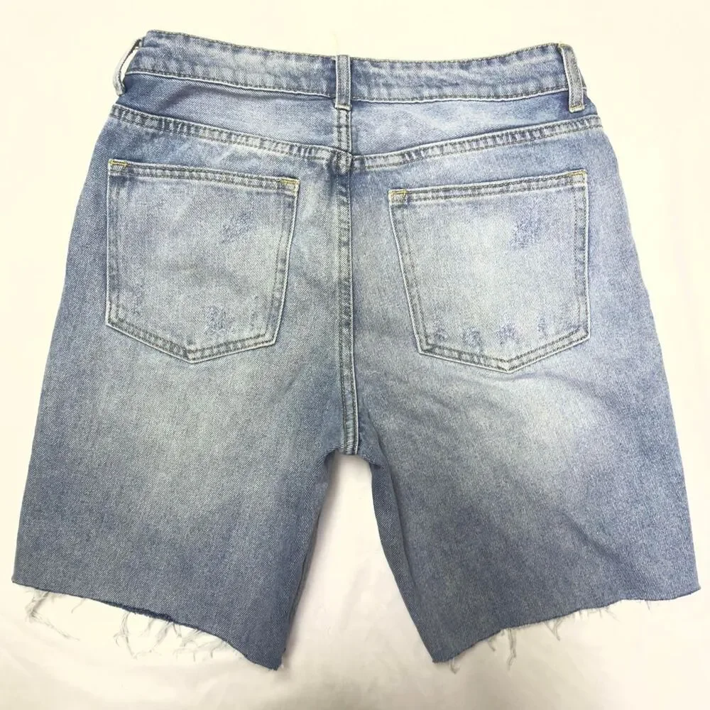 oat new york denim long line distressed high-rise bermuda shorts size 28”
